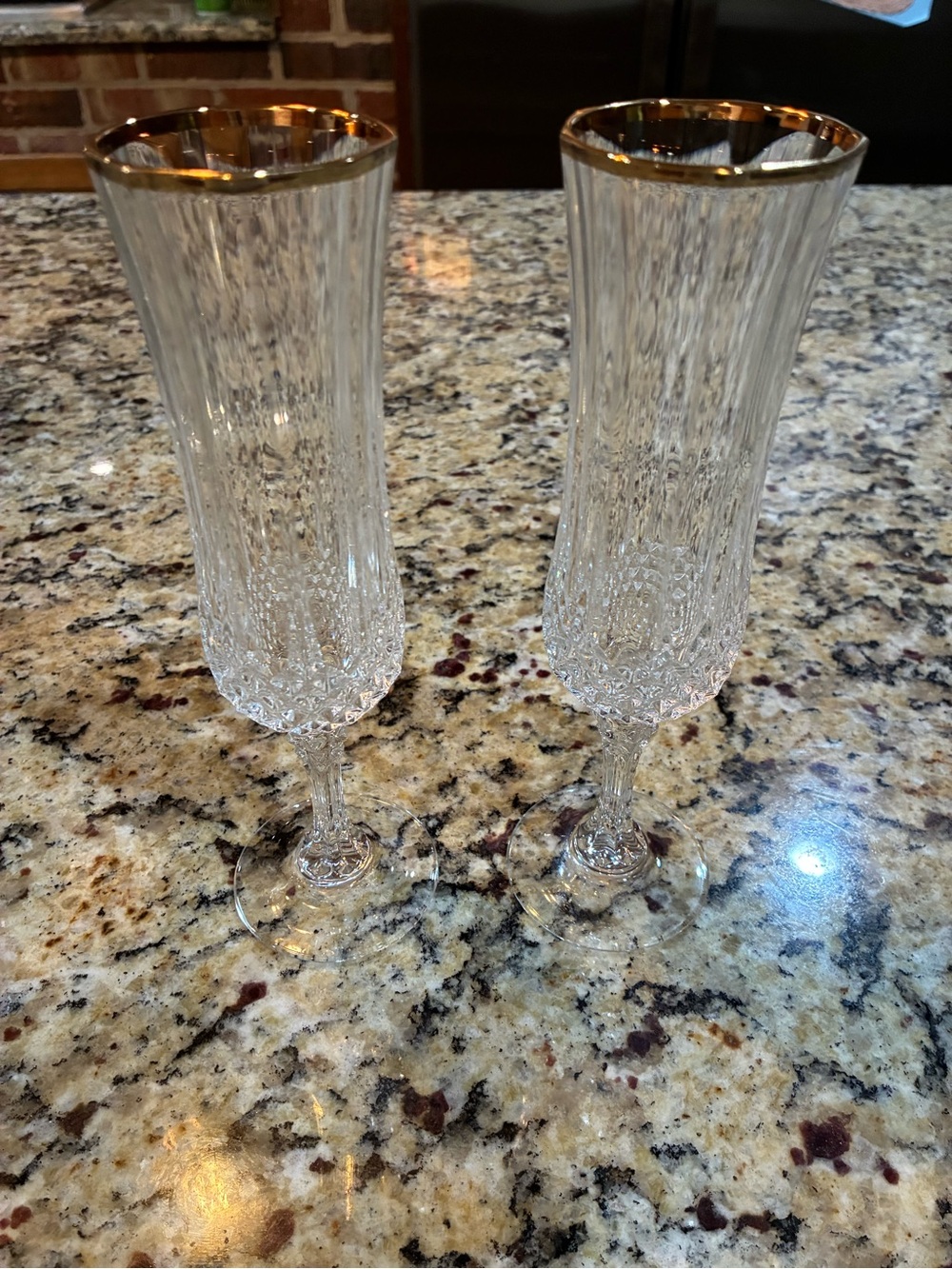 Vintage Crystal Cut Fluted Champagne Flutes with Gold Rim - Set of 2